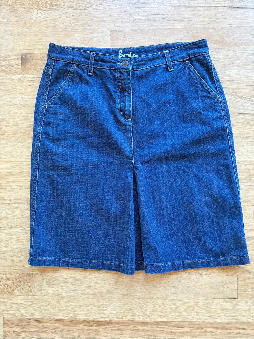 Boden Jean Stretch Denim Skirt 10L knee length Front Kick Pleat